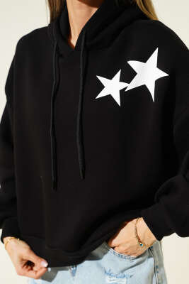 Yıldız Baskılı Kapüşonlu Şardonlu Sweat Siyah - Kadın Giyim Modelleri