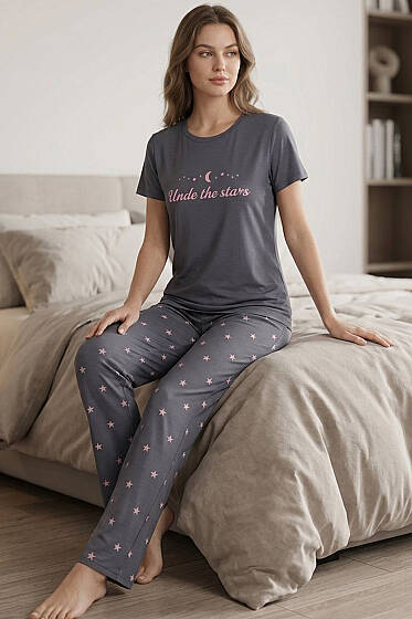 Yıldız Baskılı Kısa Kol Pijama Takımı Gri - Pijama