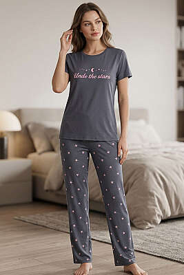 Yıldız Baskılı Kısa Kol Pijama Takımı Gri - Pijama