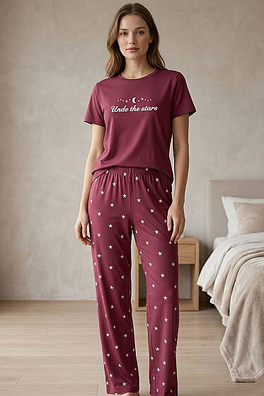 Yıldız Baskılı Kısa Kol Pijama Takımı Gül Kurusu - Pijama