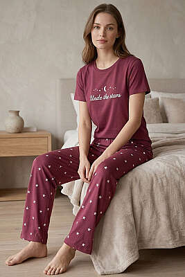 Yıldız Baskılı Kısa Kol Pijama Takımı Gül Kurusu - Pijama