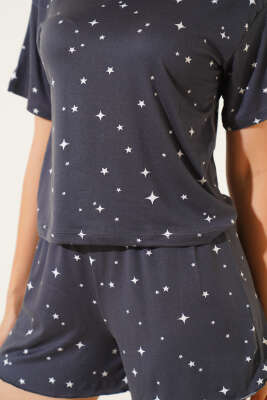 Yıldız Baskılı Kısa Kol Şortlu Pijama Takım Füme - Kadın Pijama Takımı