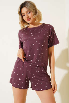 Yıldız Baskılı Kısa Kol Şortlu Pijama Takım Magenta 