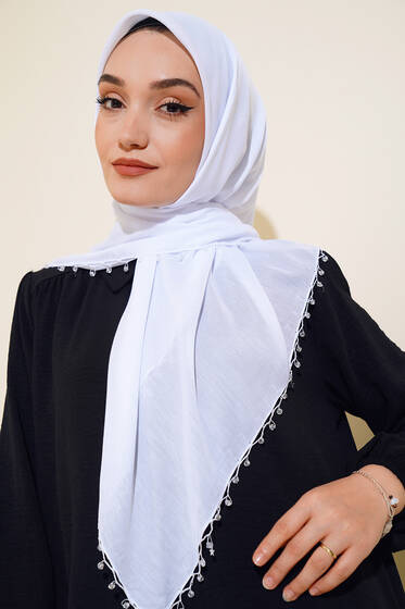 Yıldız Boncuklu Yazma Eşarp Beyaz - Başörtüsü