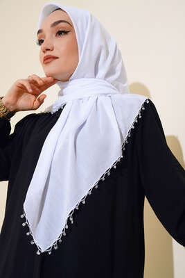 Yıldız Boncuklu Yazma Eşarp Beyaz - Yılın Fırsatı