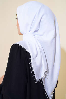 Yıldız Boncuklu Yazma Eşarp Beyaz - Yılın Fırsatı