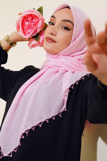 Yıldız Boncuklu Yazma Eşarp Pembe - Başörtüsü