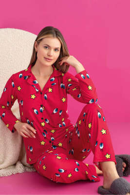 Yıldız Desen Düğmeli Süet Pijama Takım Fuşya - Pijama