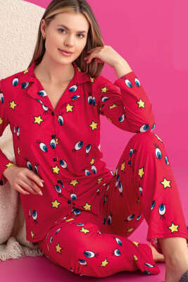 Yıldız Desen Düğmeli Süet Pijama Takım Fuşya - Pijama