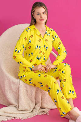 Yıldız Desen Düğmeli Süet Pijama Takım Sarı 