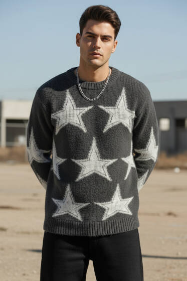 Yıldız Desen Triko Örme Erkek Kazak Antrasit - Erkek Kazak