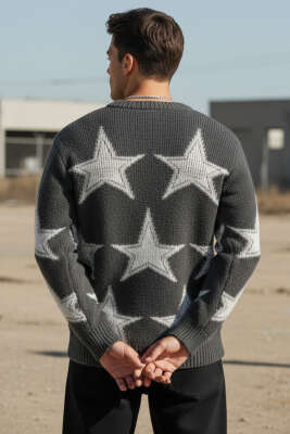 Yıldız Desen Triko Örme Erkek Kazak Antrasit - Erkek Kazak