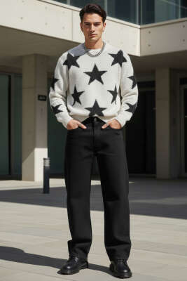 Yıldız Desen Triko Örme Erkek Kazak Kemik - Erkek Kazak