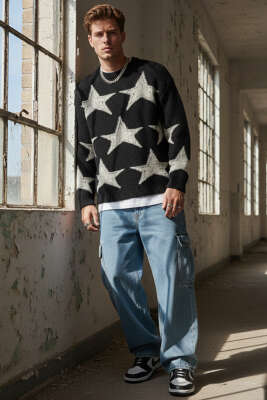 Yıldız Desen Triko Örme Erkek Kazak Siyah - Erkek Kazak