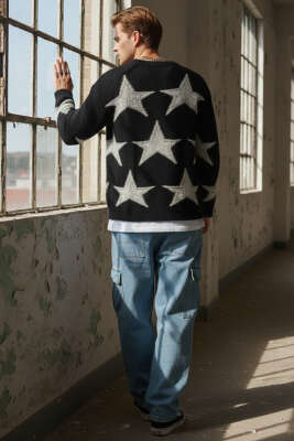 Yıldız Desen Triko Örme Erkek Kazak Siyah - Erkek Kazak