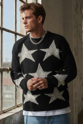 Yıldız Desen Triko Örme Erkek Kazak Siyah - EKSİ BİR