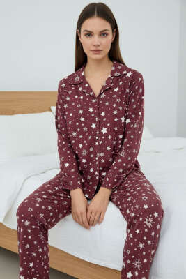 Yıldız Desenli Düğmeli Süet Pijama Takımı Bordo - HEPYEK BASIC