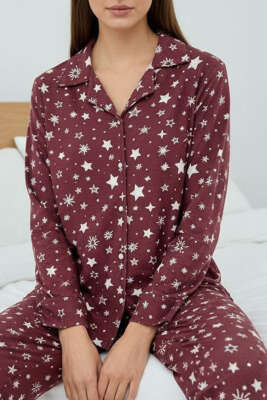 Yıldız Desenli Düğmeli Süet Pijama Takımı Bordo - Pijama