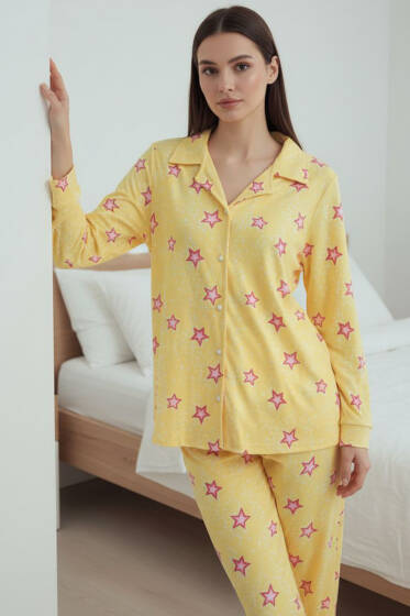 Yıldız Desenli Düğmeli Süet Pijama Takımı Sarı - Pijama
