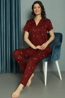 	 Yıldız Desenli Kısa Kol Düğmeli Pijama Takım Bordo - Pijama