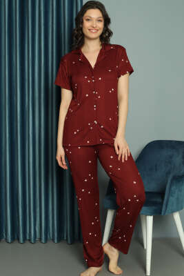 	 Yıldız Desenli Kısa Kol Düğmeli Pijama Takım Bordo - Pijama