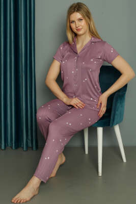 	 Yıldız Desenli Kısa Kol Düğmeli Pijama Takım Lila 