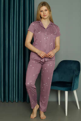 	 Yıldız Desenli Kısa Kol Düğmeli Pijama Takım Lila - Pijama