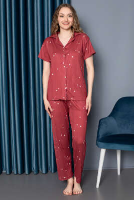 Yıldız Desenli Kısa Kol Düğmeli Pijama Takım Magenta - Pijama
