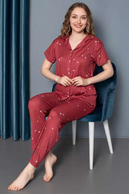 Yıldız Desenli Kısa Kol Düğmeli Pijama Takım Magenta 