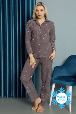 Yıldız Desenli Welsoft Kışlık Pijama Takımı Füme 