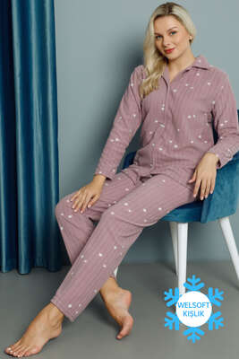 Yıldız Desenli Welsoft Kışlık Pijama Takımı Lila - Kadın Pijama Takımı