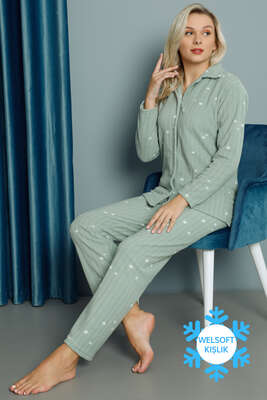 Yıldız Desenli Welsoft Kışlık Pijama Takımı Su Yeşil 