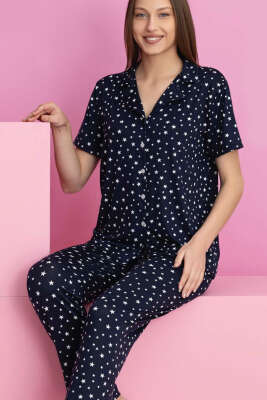 Yıldız Detaylı Kısa Kol Düğmeli Pijama Takımı Lacivert - Kadın Pijama Takımı