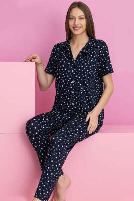 Yıldız Detaylı Kısa Kol Düğmeli Pijama Takımı Lacivert - Pijama