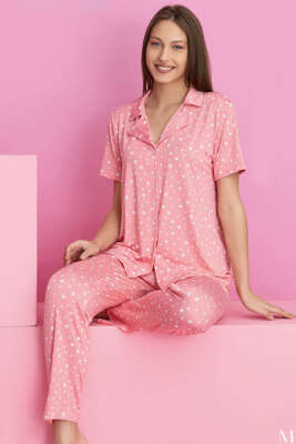 Yıldız Detaylı Kısa Kol Düğmeli Pijama Takımı Pembe