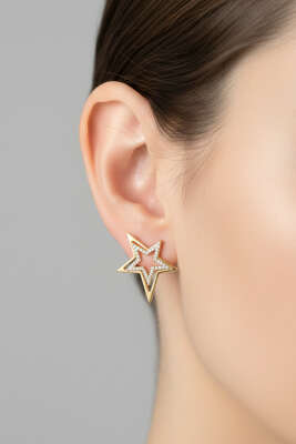 Yıldız Figürlü Taşlı Küpe Gold - DEMİR BİJUTERİ