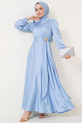 Yıldız Gold Toka Detaylı Saten Abiye Elbise Bebe Mavi - BERAT TEKSTİL