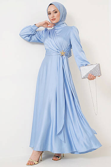 Yıldız Gold Toka Detaylı Saten Abiye Elbise Bebe Mavi - Elbise