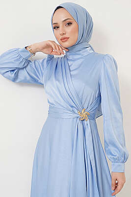 Yıldız Gold Toka Detaylı Saten Abiye Elbise Bebe Mavi - Elbise