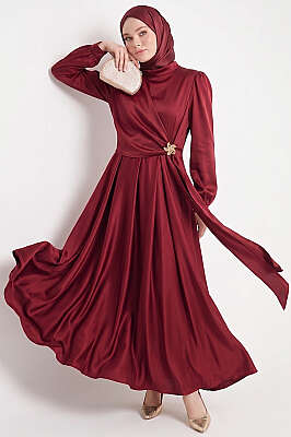 Yıldız Gold Toka Detaylı Saten Abiye Elbise Bordo - BERAT TEKSTİL