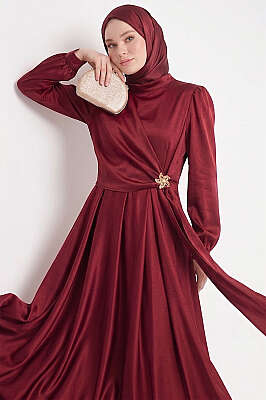 Yıldız Gold Toka Detaylı Saten Abiye Elbise Bordo - Elbise