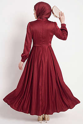 Yıldız Gold Toka Detaylı Saten Abiye Elbise Bordo - Elbise