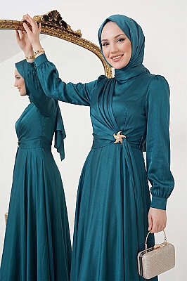 Yıldız Gold Toka Detaylı Saten Abiye Elbise Petrol - Elbise