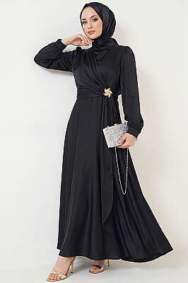 Yıldız Gold Toka Detaylı Saten Abiye Elbise Siyah - BERAT TEKSTİL