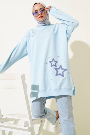 Yıldız Nakışlı Taşlı Tunik Buz Mavisi - Tunik
