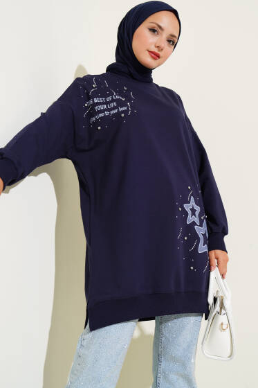 Yıldız Nakışlı Taşlı Tunik Lacivert - Tunik
