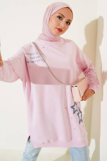 Yıldız Nakışlı Taşlı Tunik Pembe - Tunik