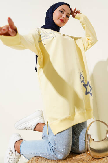 Yıldız Nakışlı Taşlı Tunik Sarı - Tunik