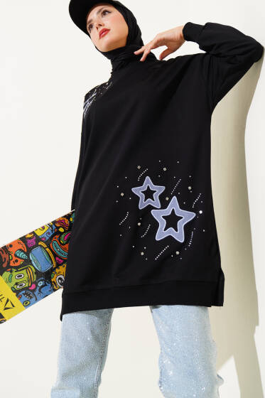 Yıldız Nakışlı Taşlı Tunik Siyah - Tunik