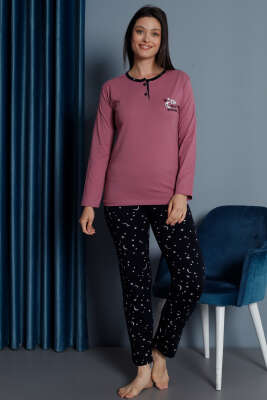 Yıldız Nakışlı Uzun Kol Pijama Takımı Gül Kurusu - Kadın Pijama Takımı